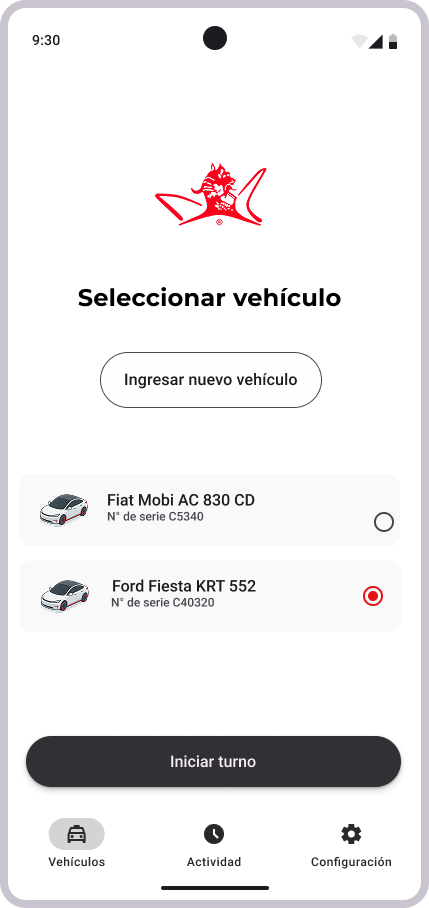Tango Driver Home - Seleccionar vehículo